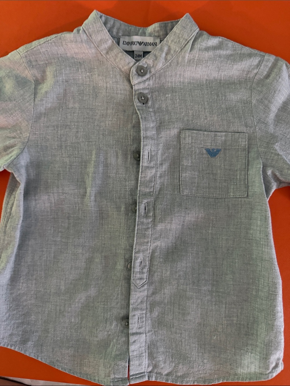Emporio Armani Light Gray Linen-Blend Mandarin Collar Button-Front Shirt